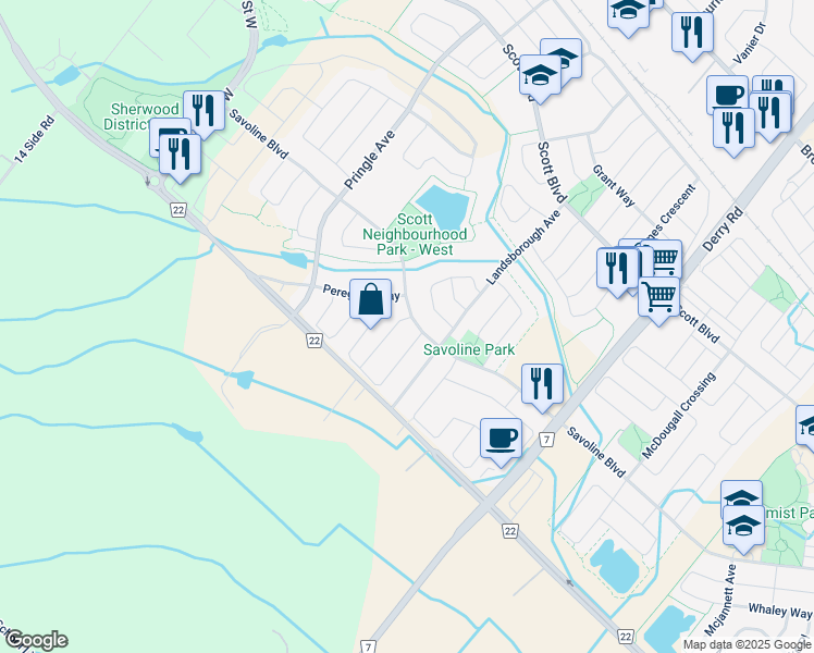 map of restaurants, bars, coffee shops, grocery stores, and more near 396 Savoline Boulevard in Milton