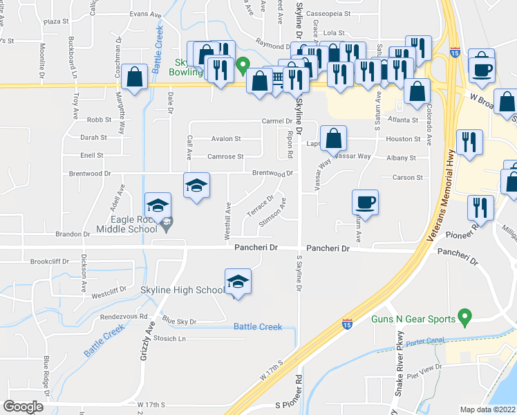 map of restaurants, bars, coffee shops, grocery stores, and more near 705 Terrace Drive in Idaho Falls