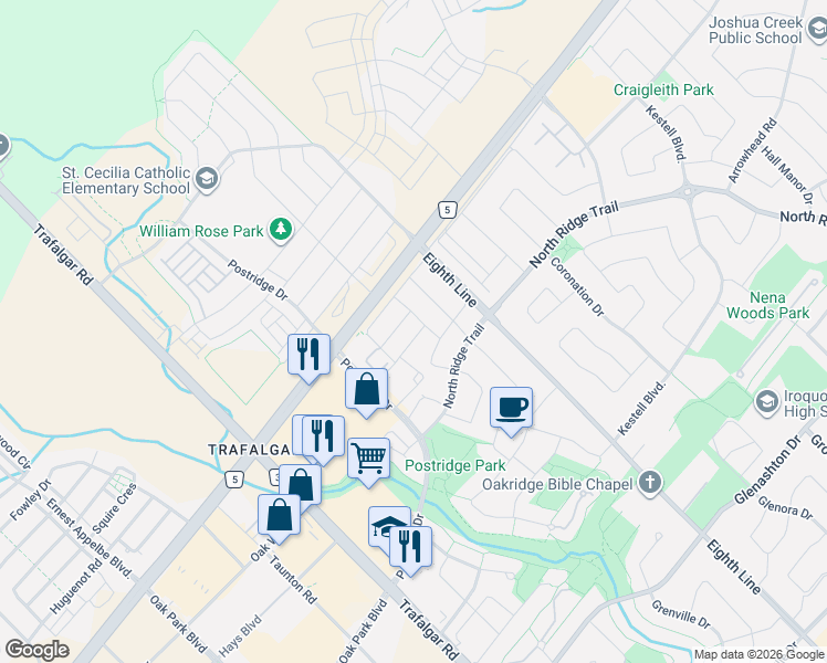 map of restaurants, bars, coffee shops, grocery stores, and more near 485 English Rose Lane in Oakville