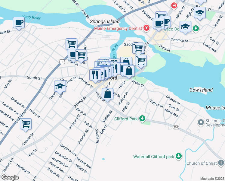 map of restaurants, bars, coffee shops, grocery stores, and more near 35 Bacon Street in Biddeford