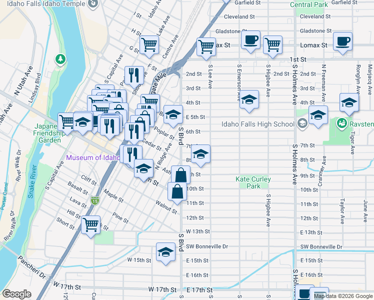 map of restaurants, bars, coffee shops, grocery stores, and more near 785 South Boulevard in Idaho Falls