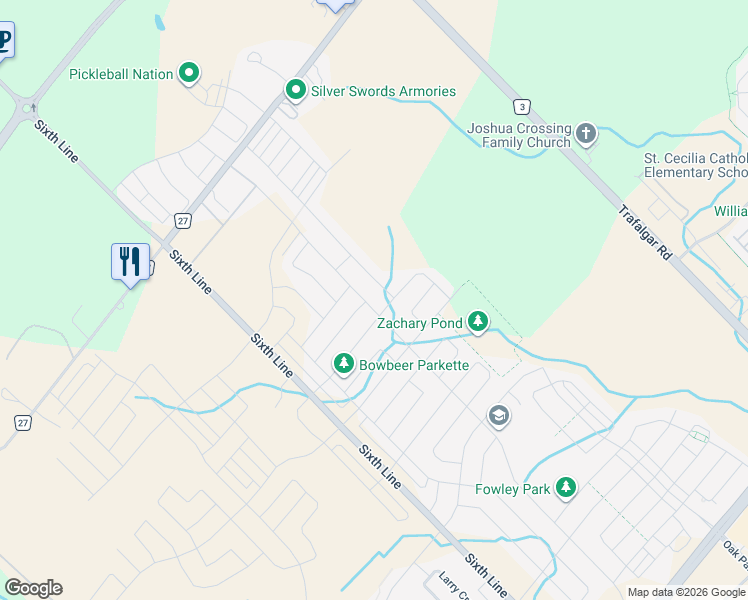 map of restaurants, bars, coffee shops, grocery stores, and more near 3367 Post Road in Oakville
