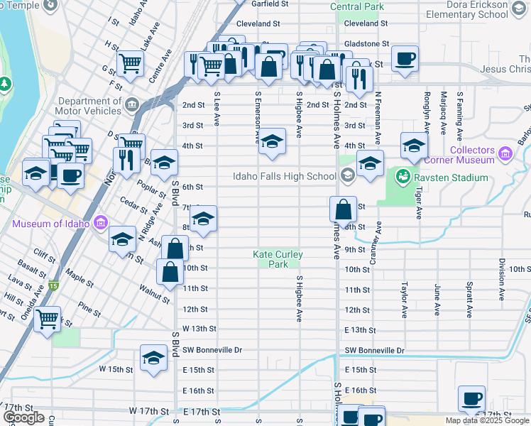 map of restaurants, bars, coffee shops, grocery stores, and more near 345 8th Street in Idaho Falls