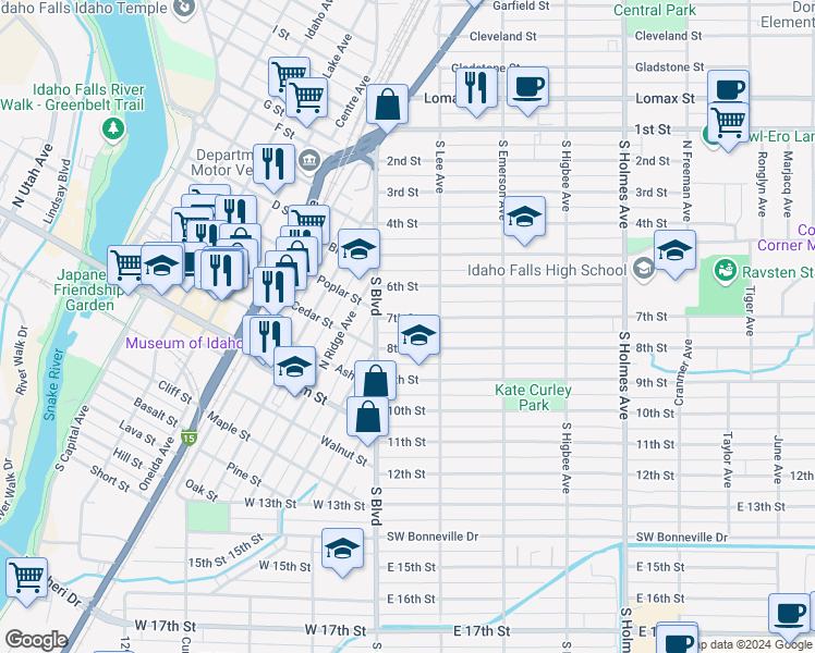 map of restaurants, bars, coffee shops, grocery stores, and more near 167 8th Street in Idaho Falls