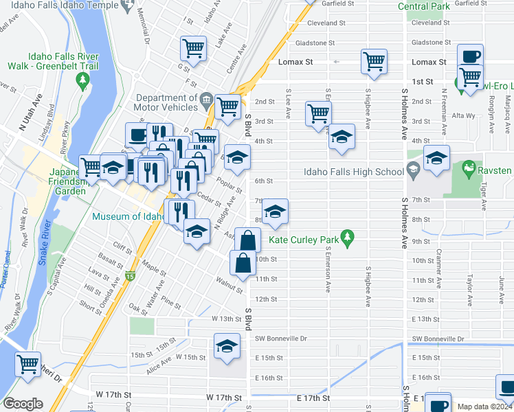 map of restaurants, bars, coffee shops, grocery stores, and more near 785 South Boulevard in Idaho Falls
