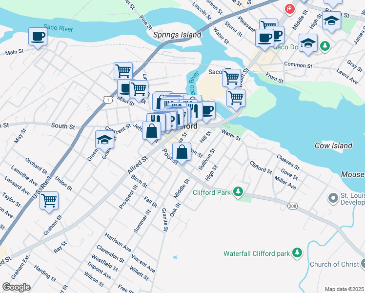 map of restaurants, bars, coffee shops, grocery stores, and more near 11 King Street in Biddeford