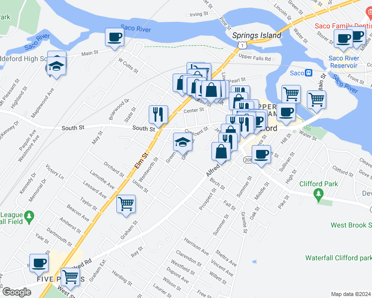 map of restaurants, bars, coffee shops, grocery stores, and more near 25 Graham Street in Biddeford