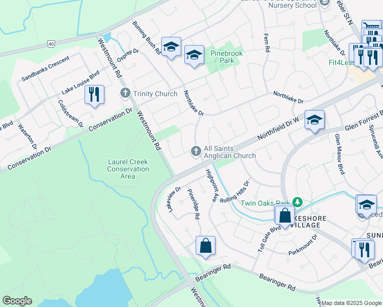 map of restaurants, bars, coffee shops, grocery stores, and more near 103 Cornerbrook Crescent in Waterloo