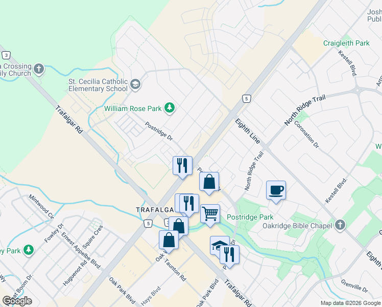 map of restaurants, bars, coffee shops, grocery stores, and more near 412 Silver Maple Road in Oakville