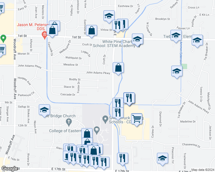 map of restaurants, bars, coffee shops, grocery stores, and more near 2441 Stace Circle in Idaho Falls