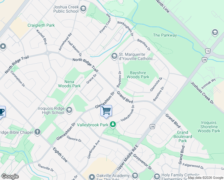 map of restaurants, bars, coffee shops, grocery stores, and more near 1259 Glenashton Drive in Oakville