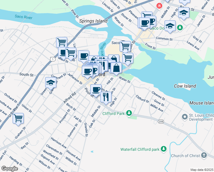 map of restaurants, bars, coffee shops, grocery stores, and more near 39 Hill Street in Biddeford