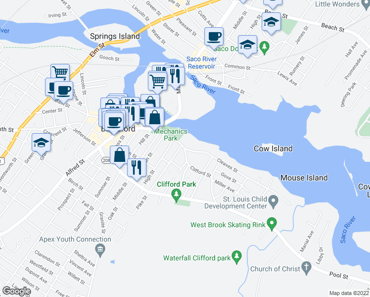 map of restaurants, bars, coffee shops, grocery stores, and more near 201 Water Street in Biddeford