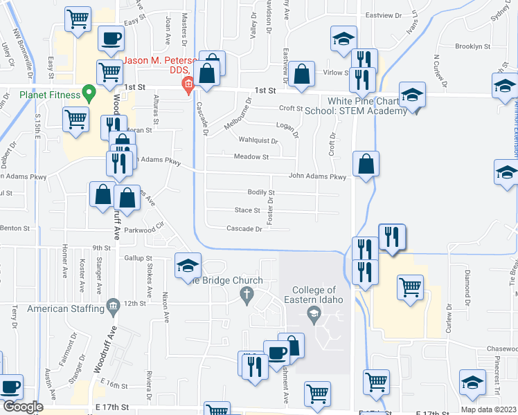 map of restaurants, bars, coffee shops, grocery stores, and more near 2197 Stace Street in Idaho Falls