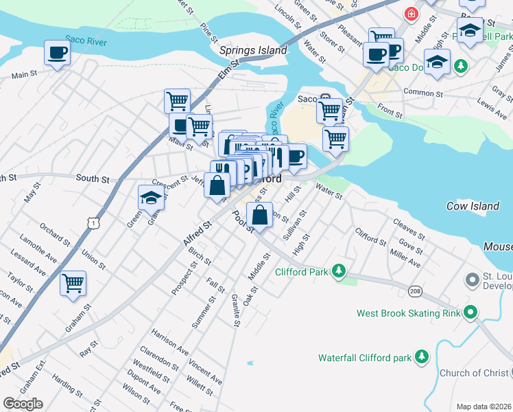 map of restaurants, bars, coffee shops, grocery stores, and more near 35 Foss Street in Biddeford