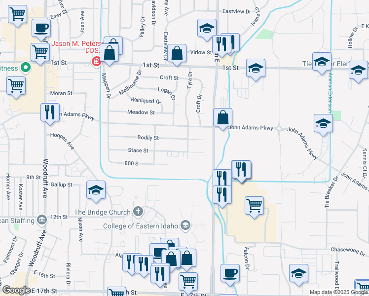 map of restaurants, bars, coffee shops, grocery stores, and more near 680 Tyra Drive in Idaho Falls