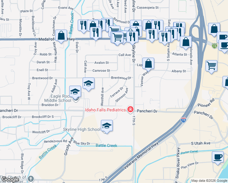 map of restaurants, bars, coffee shops, grocery stores, and more near 740 Terrace Drive in Idaho Falls