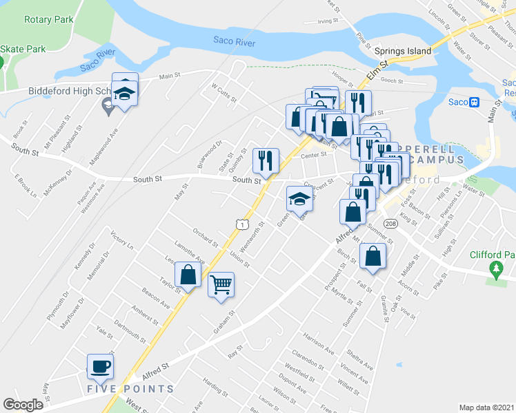 map of restaurants, bars, coffee shops, grocery stores, and more near 247 Elm Street in Biddeford