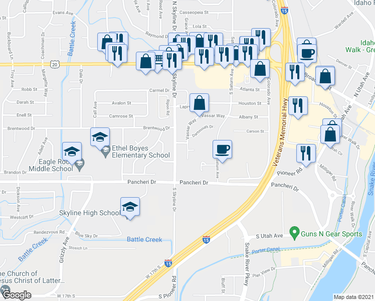 map of restaurants, bars, coffee shops, grocery stores, and more near 985 Vassar Way in Idaho Falls