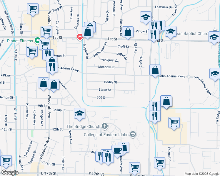 map of restaurants, bars, coffee shops, grocery stores, and more near 2220 Stace Street in Idaho Falls