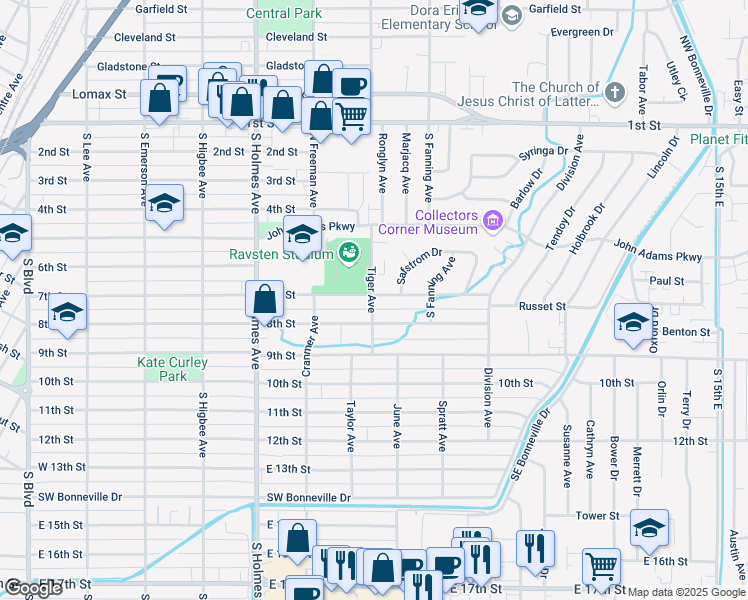 map of restaurants, bars, coffee shops, grocery stores, and more near 715 8th Street in Idaho Falls