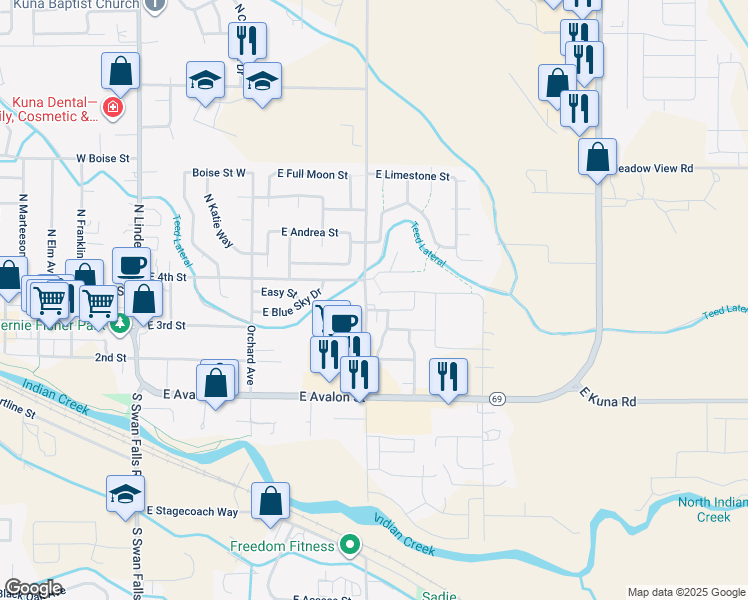 map of restaurants, bars, coffee shops, grocery stores, and more near 385 North Winding Trail Avenue in Kuna