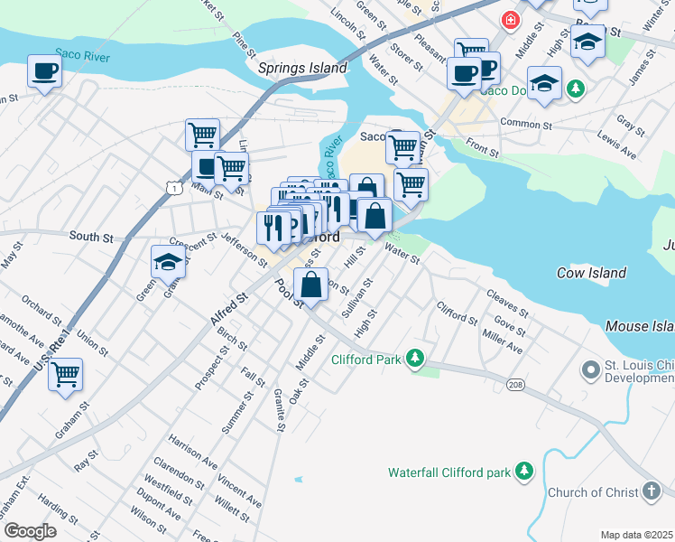 map of restaurants, bars, coffee shops, grocery stores, and more near 47 Bacon Street in Biddeford
