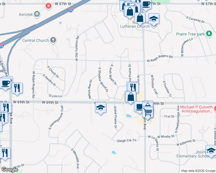 map of restaurants, bars, coffee shops, grocery stores, and more near 5813 South Shadow Wood Place in Sioux Falls