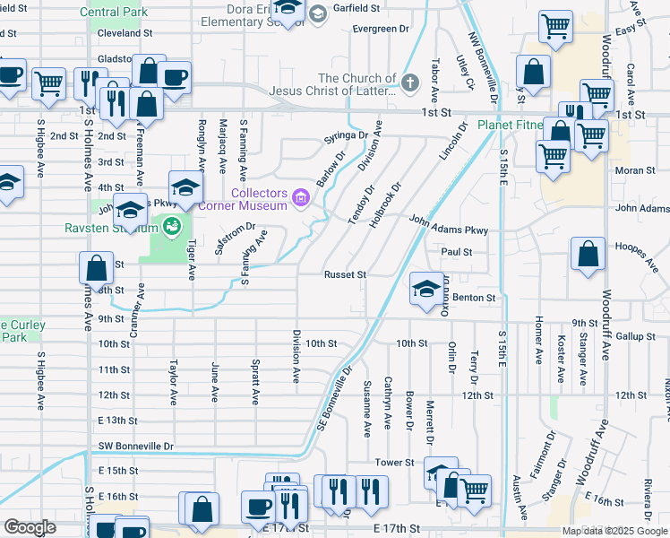 map of restaurants, bars, coffee shops, grocery stores, and more near 1071 Russett Street in Idaho Falls