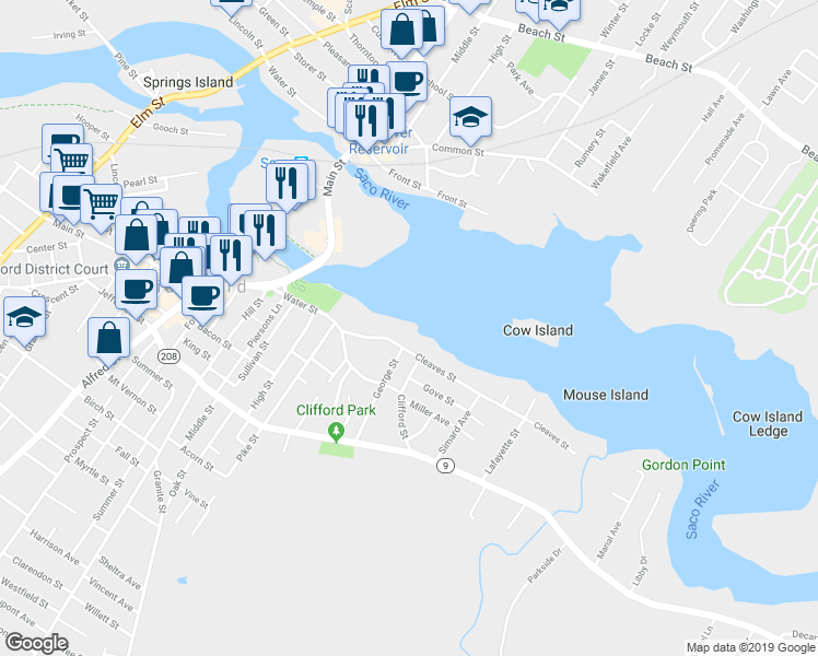 map of restaurants, bars, coffee shops, grocery stores, and more near 109 Cleaves Street in Biddeford