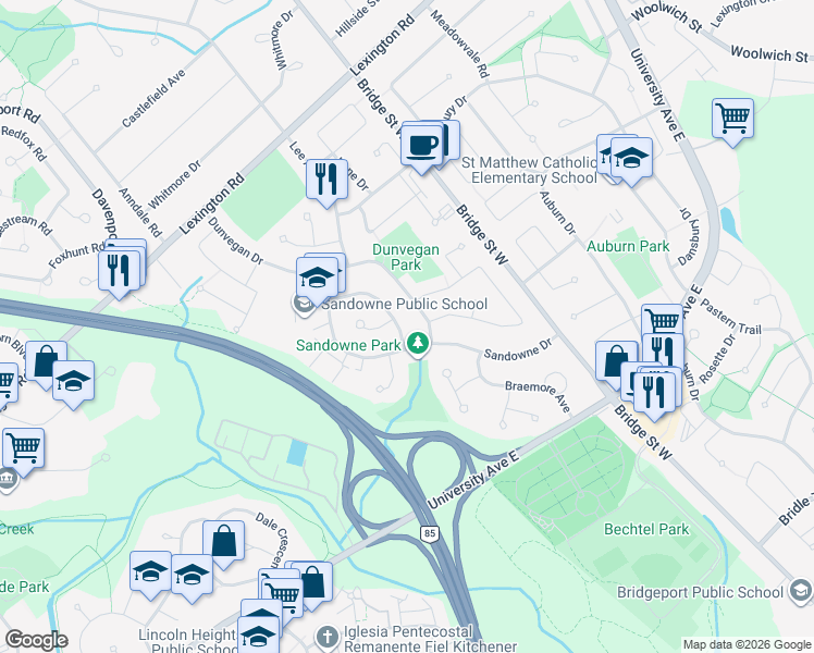 map of restaurants, bars, coffee shops, grocery stores, and more near 332 Boxbury Drive in Waterloo