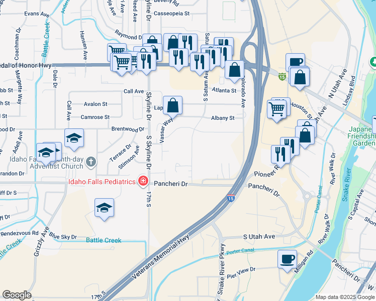 map of restaurants, bars, coffee shops, grocery stores, and more near 680 South Saturn Avenue in Idaho Falls