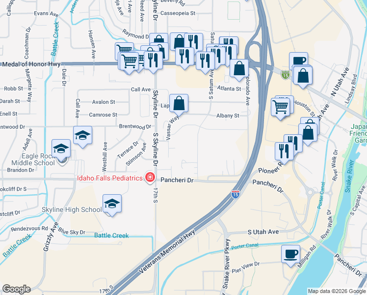 map of restaurants, bars, coffee shops, grocery stores, and more near 705 Vassar Way in Idaho Falls