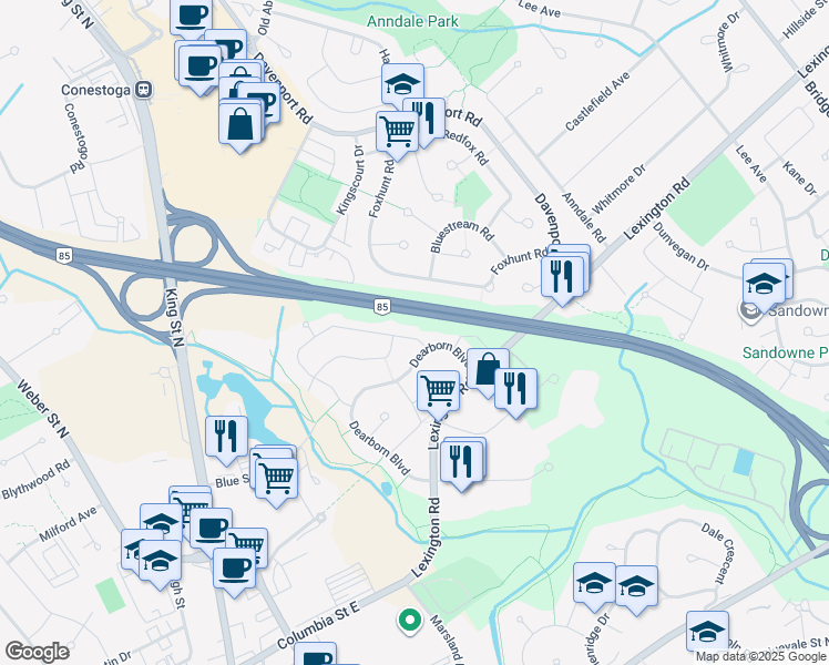 map of restaurants, bars, coffee shops, grocery stores, and more near in Waterloo