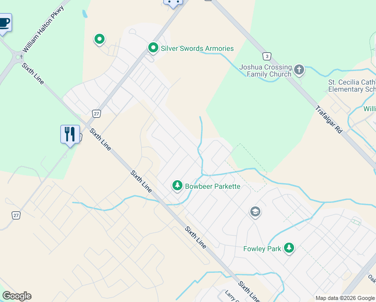 map of restaurants, bars, coffee shops, grocery stores, and more near in Oakville