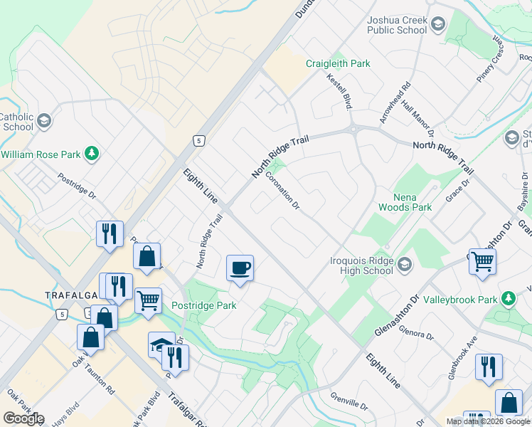 map of restaurants, bars, coffee shops, grocery stores, and more near 1103 John Laird Circle in Oakville