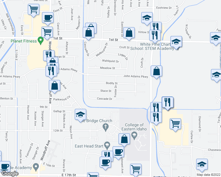map of restaurants, bars, coffee shops, grocery stores, and more near 2195 Stace Street in Idaho Falls