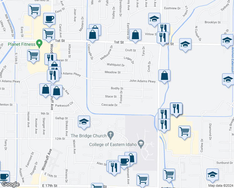 map of restaurants, bars, coffee shops, grocery stores, and more near 2199 Stace Street in Idaho Falls