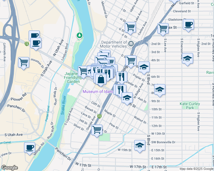 map of restaurants, bars, coffee shops, grocery stores, and more near 249 Interstate 15 Business Loop in Idaho Falls