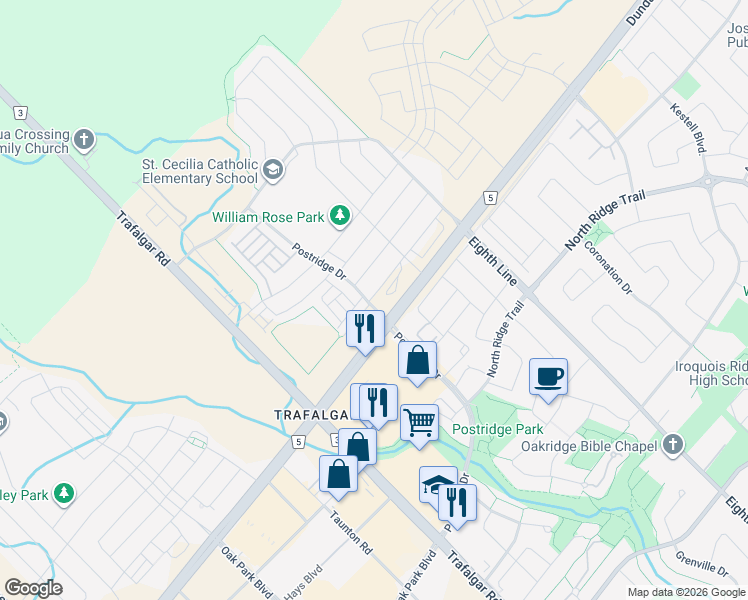 map of restaurants, bars, coffee shops, grocery stores, and more near in Oakville