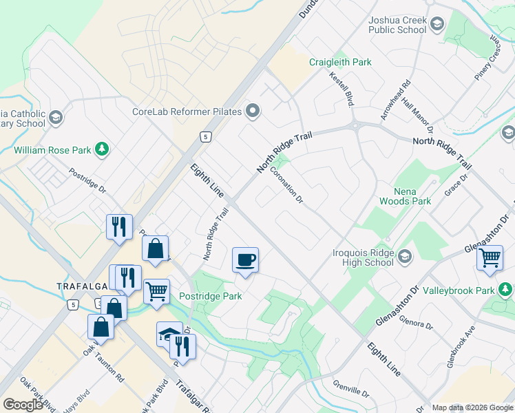 map of restaurants, bars, coffee shops, grocery stores, and more near 1079 John Laird Circle in Oakville