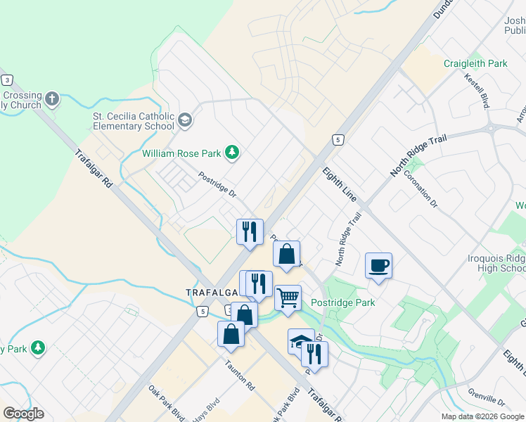 map of restaurants, bars, coffee shops, grocery stores, and more near 412 Silver Maple Road in Oakville