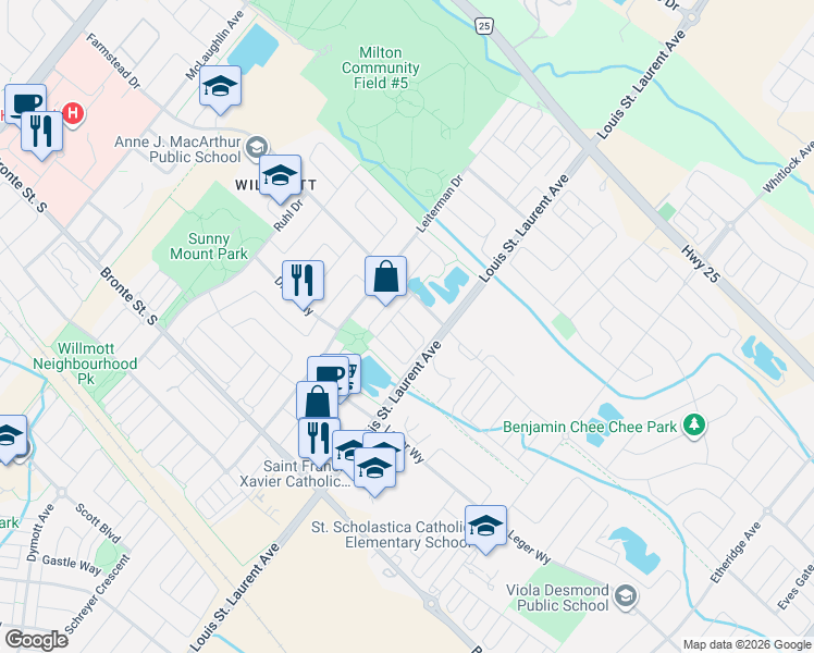 map of restaurants, bars, coffee shops, grocery stores, and more near 521 Cavanagh Lane in Milton