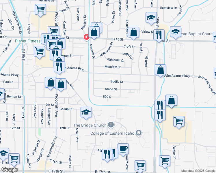 map of restaurants, bars, coffee shops, grocery stores, and more near 2140 Stace Street in Idaho Falls