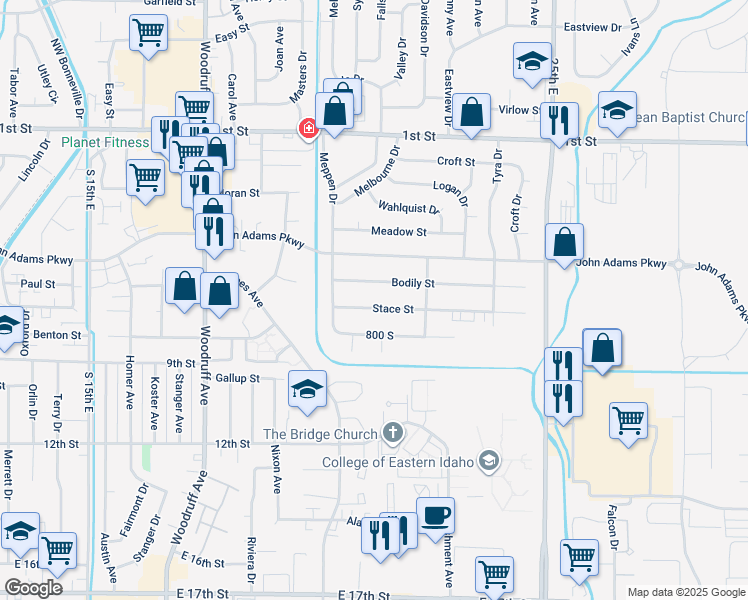 map of restaurants, bars, coffee shops, grocery stores, and more near 2140 Stace Street in Idaho Falls