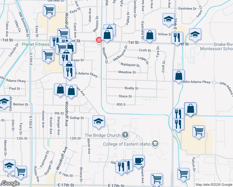 map of restaurants, bars, coffee shops, grocery stores, and more near 2140 Stace Street in Idaho Falls