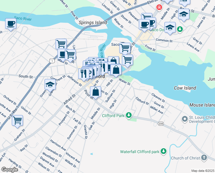 map of restaurants, bars, coffee shops, grocery stores, and more near 47 Bacon Street in Biddeford