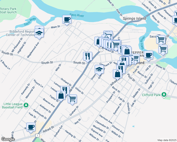 map of restaurants, bars, coffee shops, grocery stores, and more near 26 Mason Street in Biddeford
