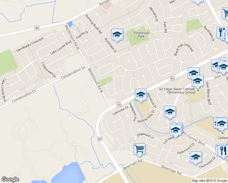 map of restaurants, bars, coffee shops, grocery stores, and more near 351 Cornerbrook Place in Waterloo