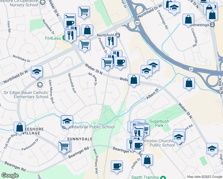 map of restaurants, bars, coffee shops, grocery stores, and more near 506 Lonelm Court in Waterloo